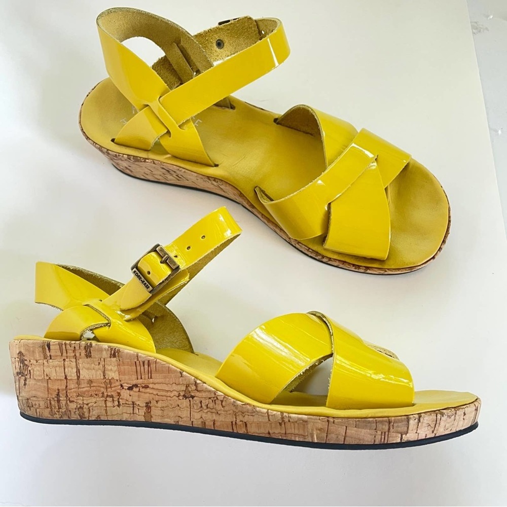 Kork-ease Myrna Sandal Patent Yellow Leather Cork Wedge Retro Comfort Buckle 7
